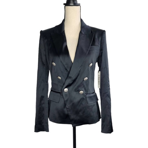 L'AGENCE Blazer Kenzie Double Breasted Black Satin Jacket Size 2 - Picture 4 of 16